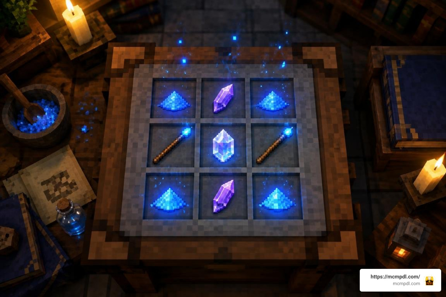 Spell crafting interface in a 3x3 crafting grid Spell crafting interface in a 3x3 crafting grid