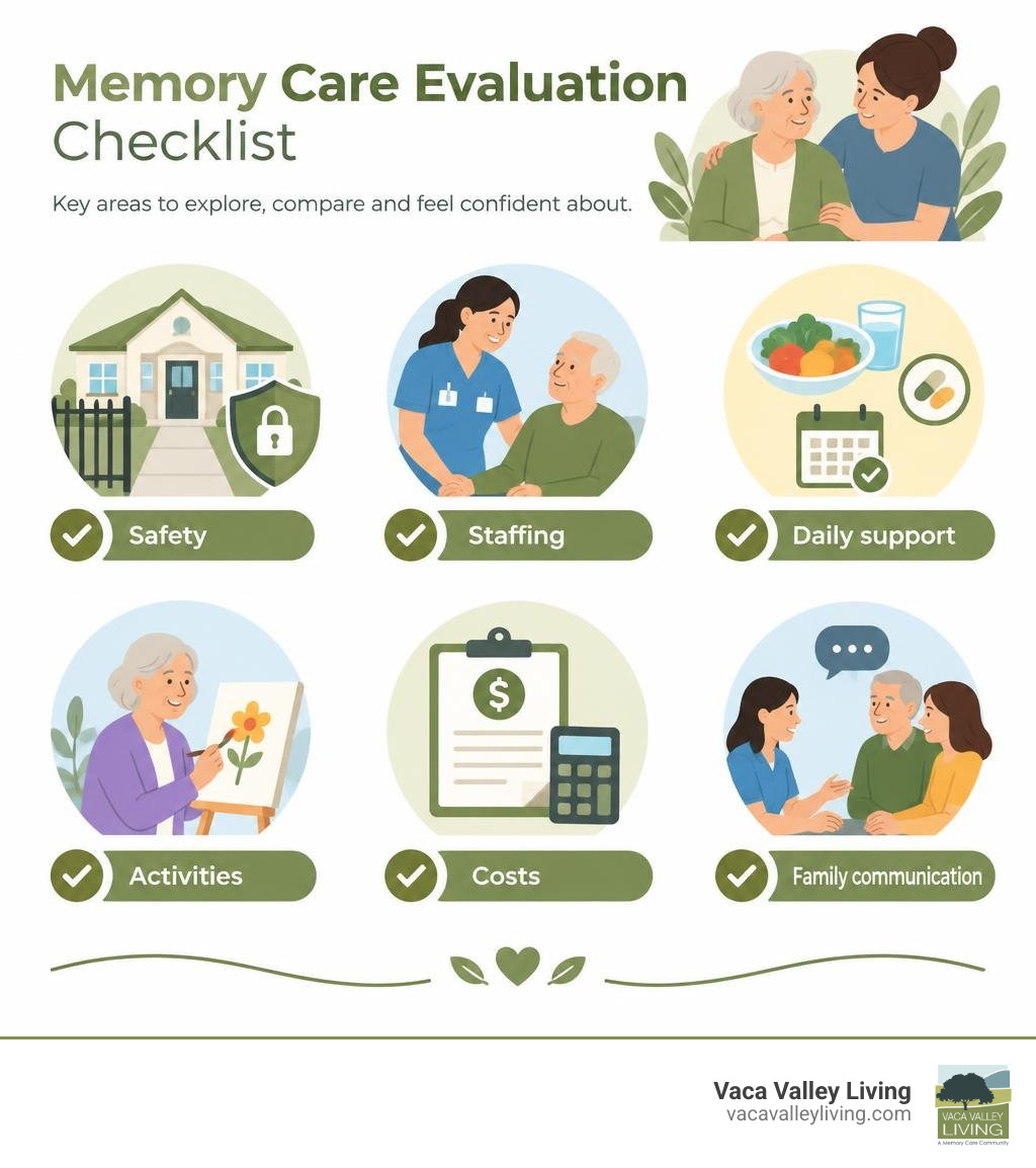 Memory care evaluation checklist: safety, staffing, daily support, activities, costs, and family communication infographic Memory care evaluation checklist: safety, staffing, daily support, activities, costs, and family communication infographic