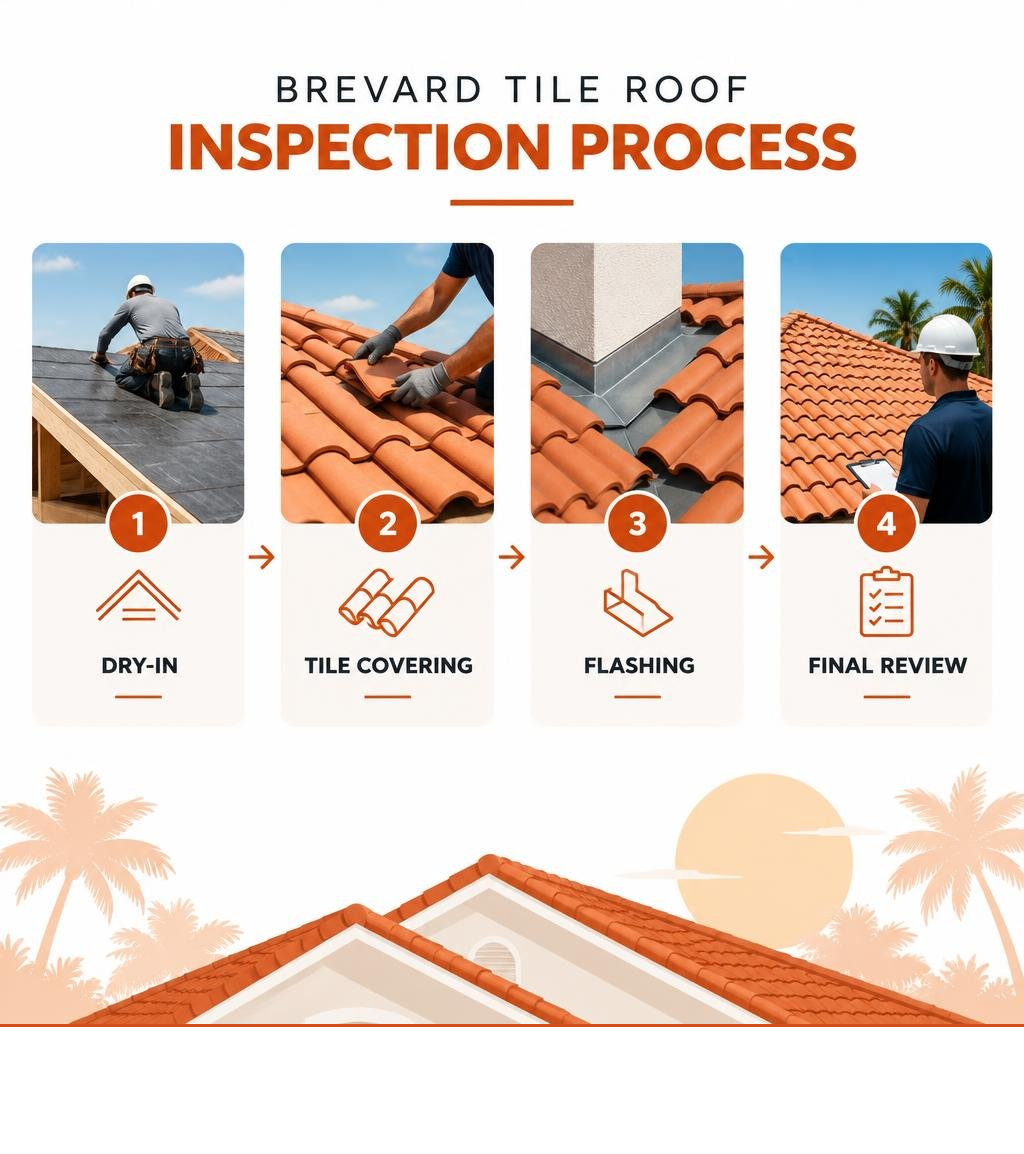 Brevard tile roof inspection process: dry-in, tile covering, flashing, final review infographic
