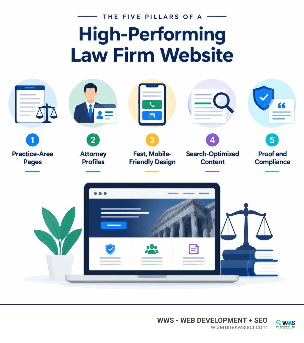 Infographic showing five pillars of a high-performing law firm website infographic