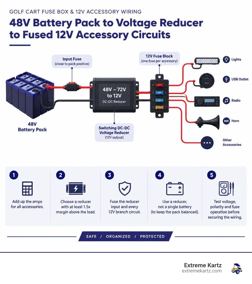 48V golf cart battery pack to voltage reducer to fused 12V accessory circuits infographic 48V golf cart battery pack to voltage reducer to fused 12V accessory circuits infographic