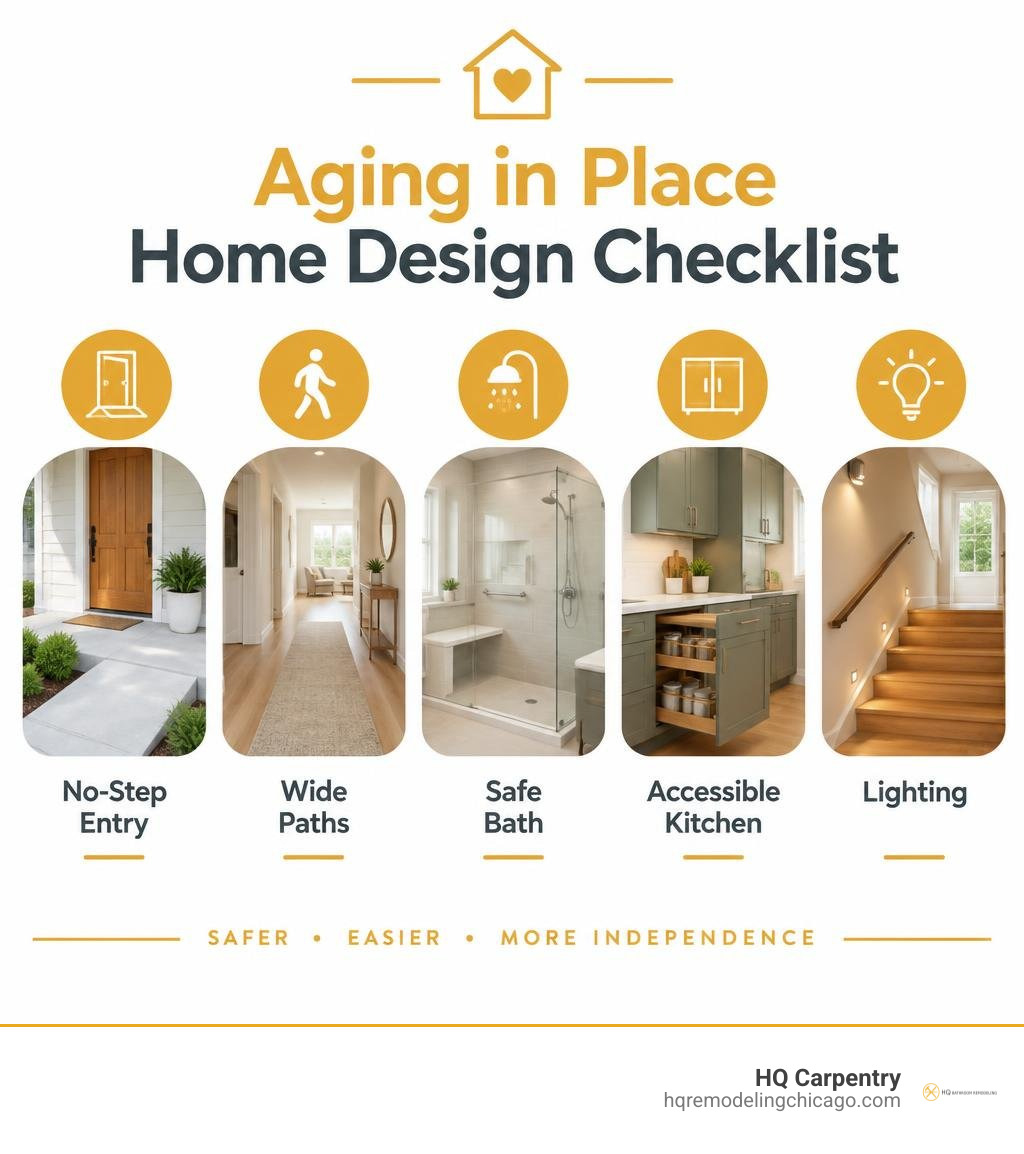 Aging in place home design checklist: no-step entry, wide paths, safe bath, accessible kitchen, lighting infographic Aging in place home design checklist: no-step entry, wide paths, safe bath, accessible kitchen, lighting infographic