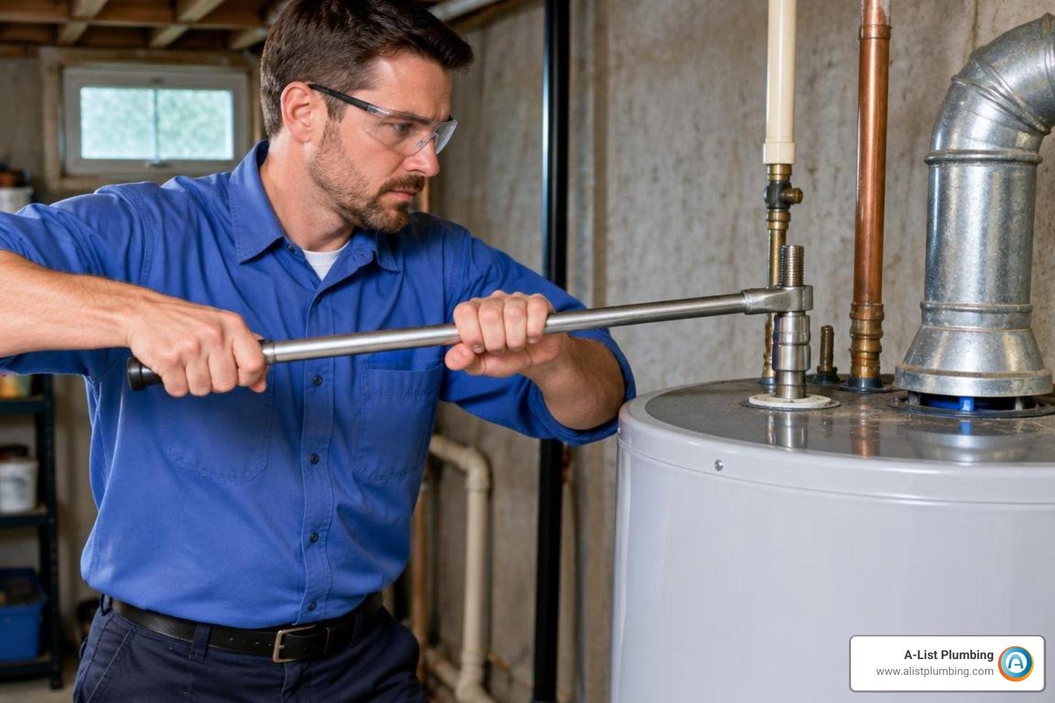 Plumber using a breaker bar to break loose a stubborn water heater anode rod Plumber using a breaker bar to break loose a stubborn water heater anode rod