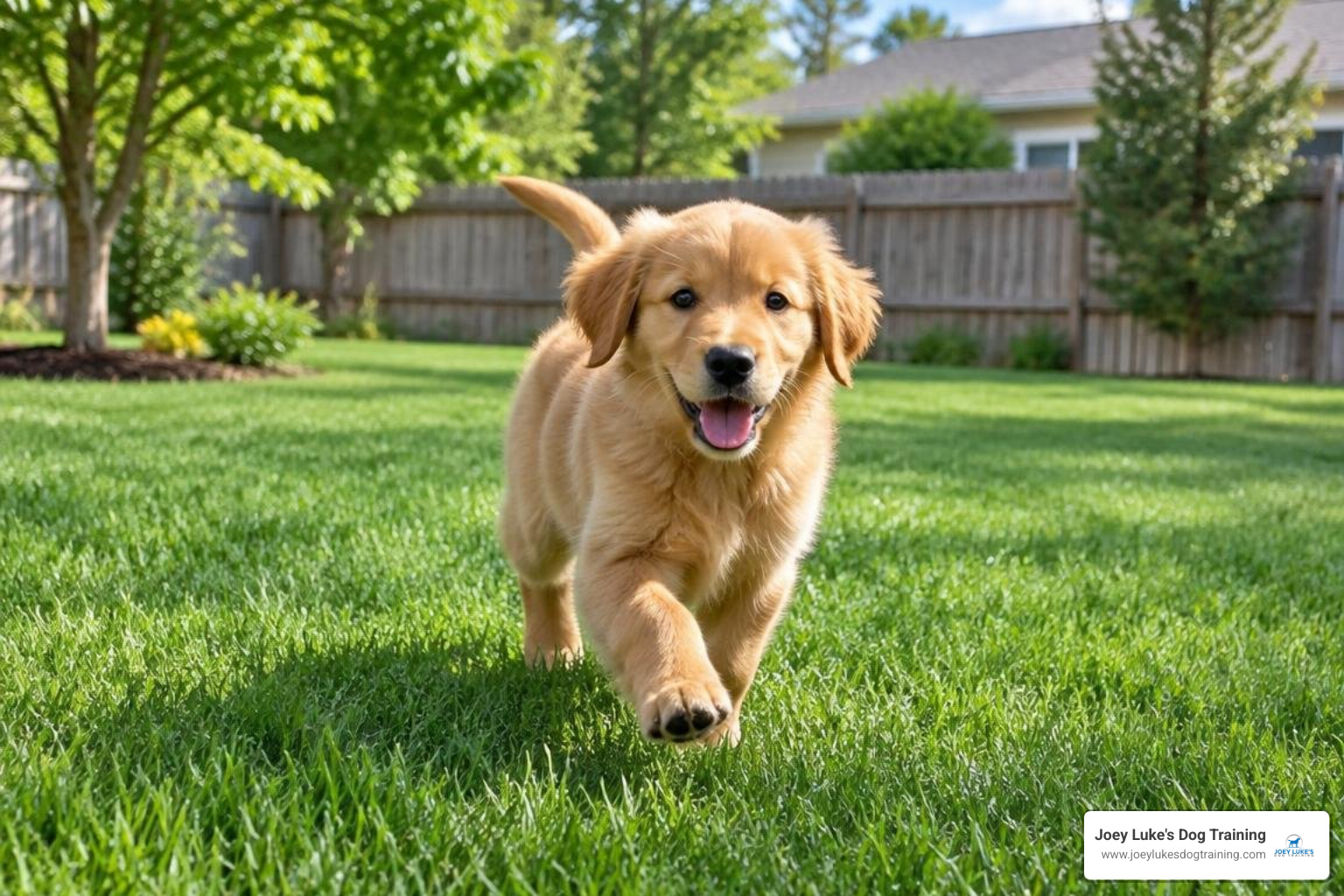 Young puppy practicing recall outside in a fenced green yard Young puppy practicing recall outside in a fenced green yard