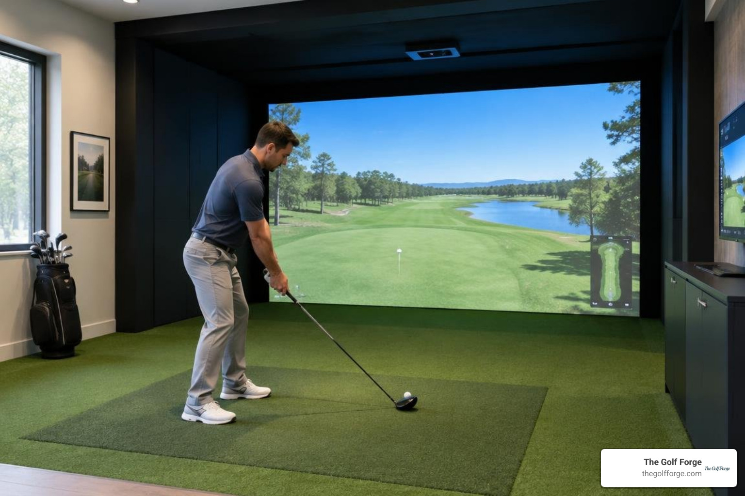 Private indoor golf simulator bay with premium turf and high definition impact screen Private indoor golf simulator bay with premium turf and high definition impact screen