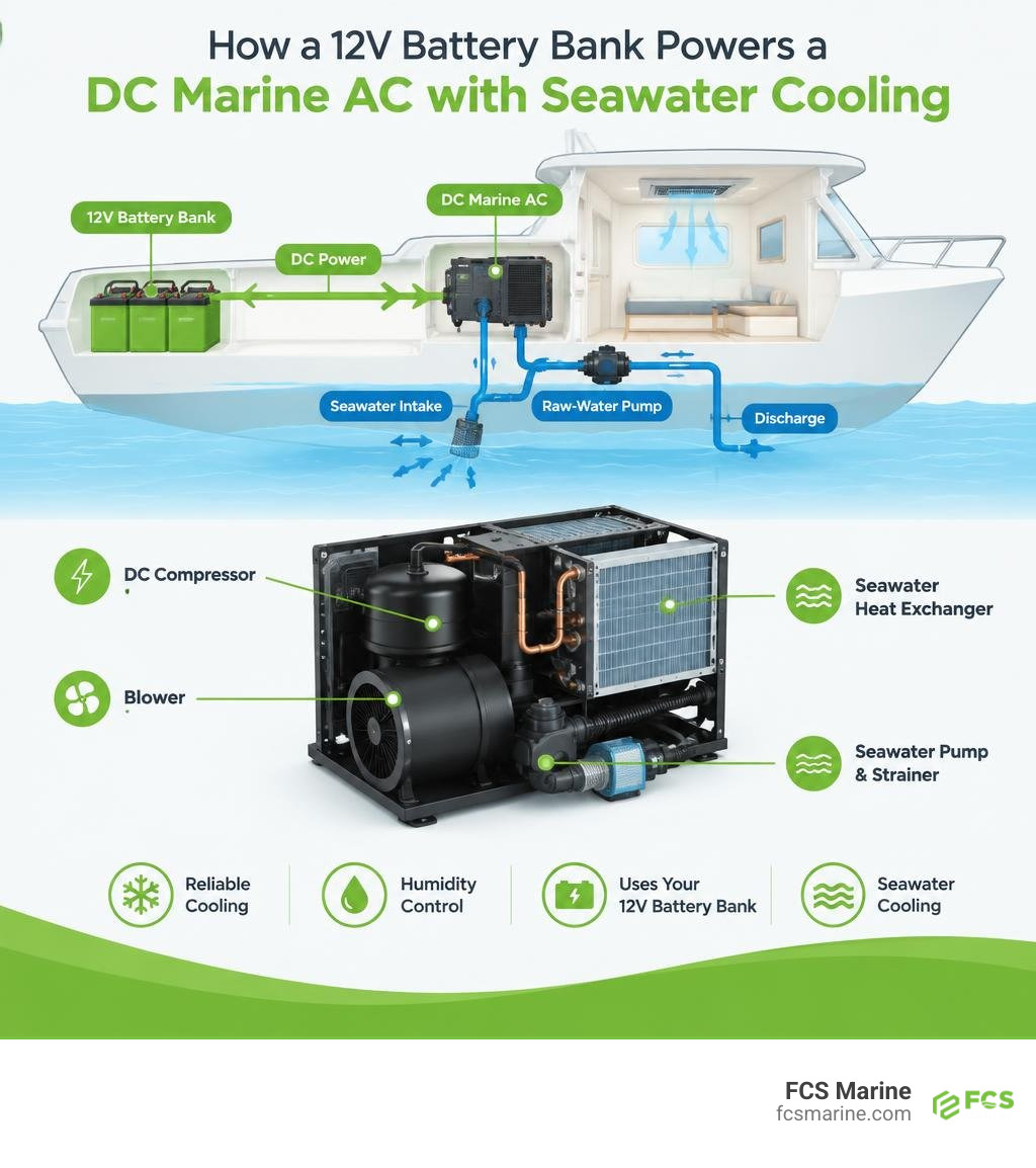 How a 12V battery bank powers a DC marine AC with seawater cooling infographic