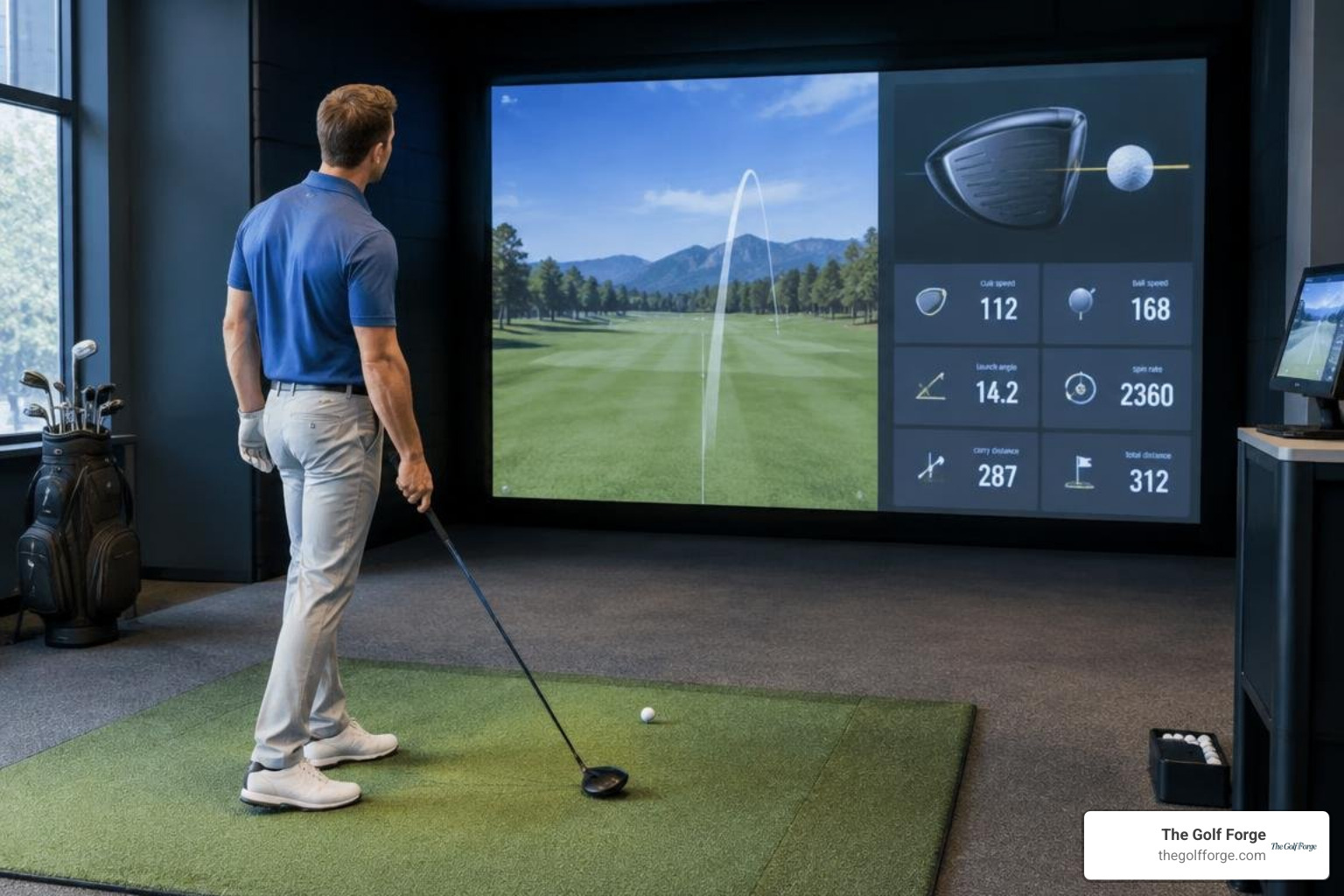 Golfer analyzing clubhead metrics after hitting a driver in an indoor bay Golfer analyzing clubhead metrics after hitting a driver in an indoor bay