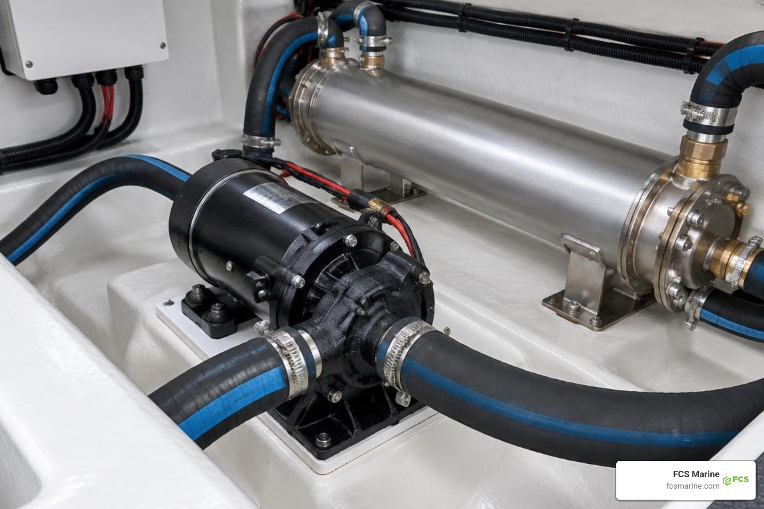 Marine raw water cooling pump and titanium condenser in a vessel bilge