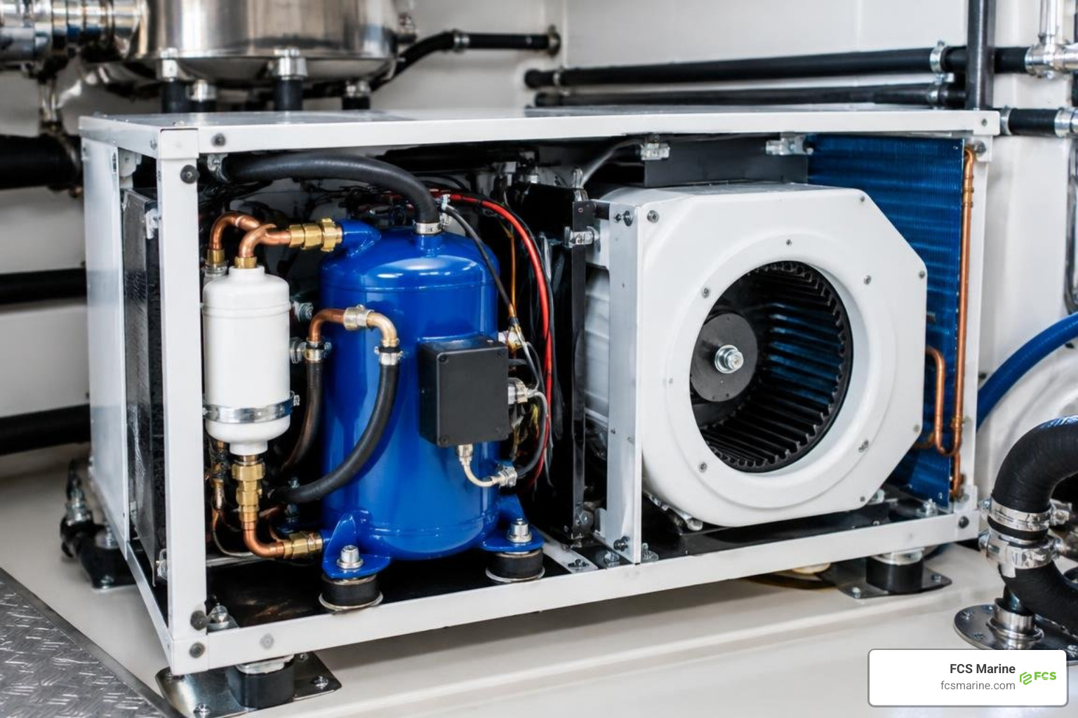 Self-contained marine air conditioner chassis showing DC compressor and blower