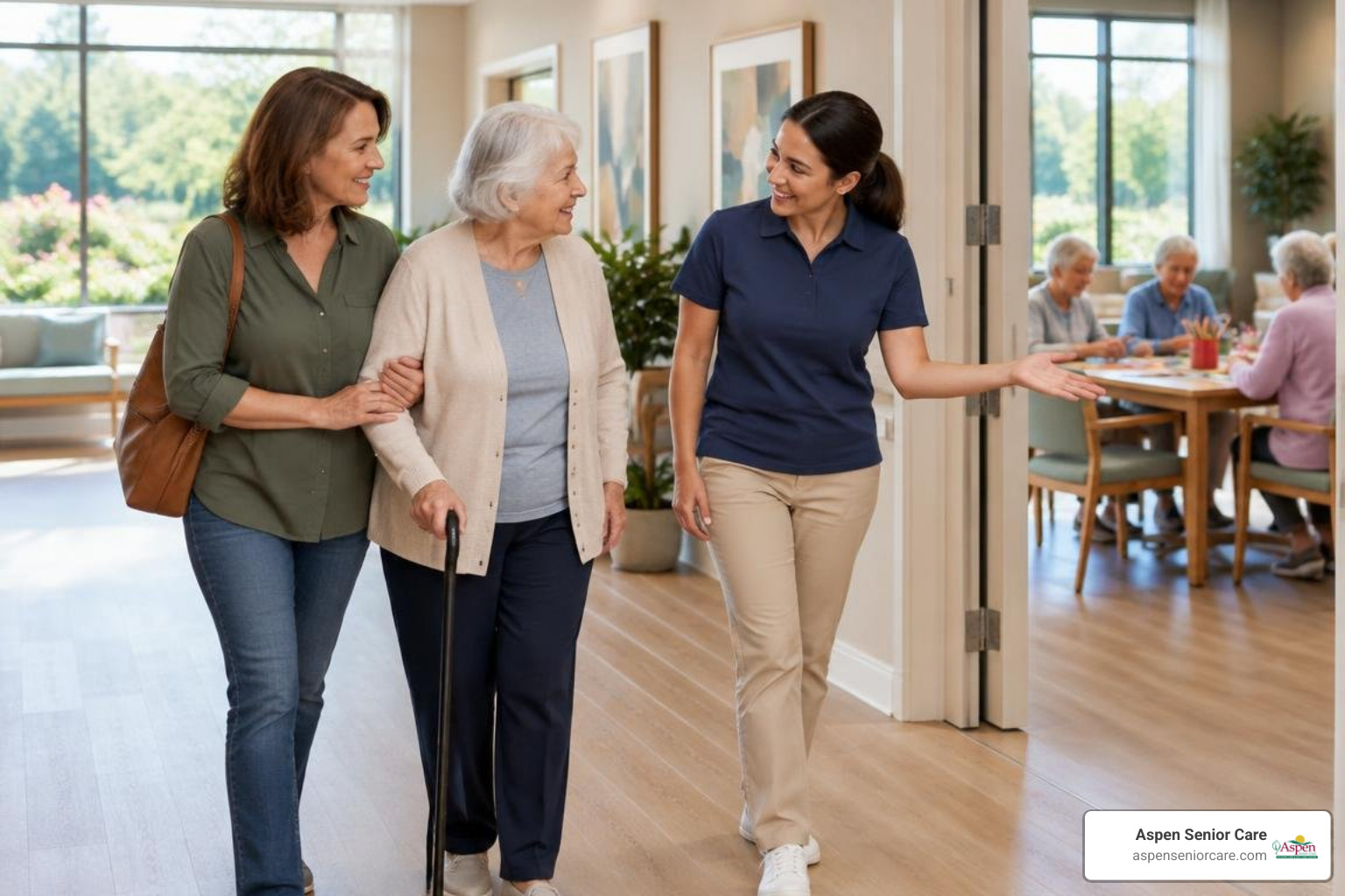 family caregiver touring a modern adult memory care center