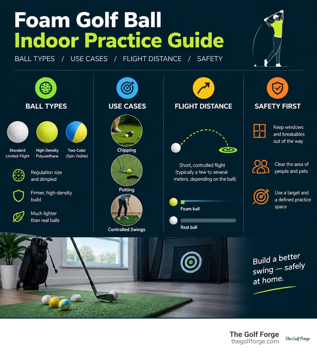 Foam golf ball indoor practice guide: ball types, use cases, flight distance, and safety infographic