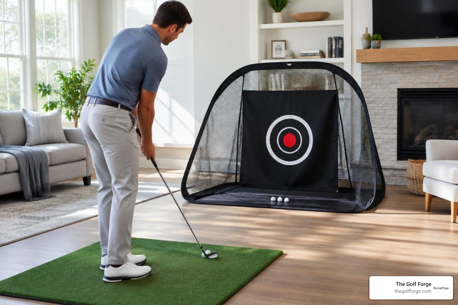 Golfer executing short chip shots into a pop-up target indoors