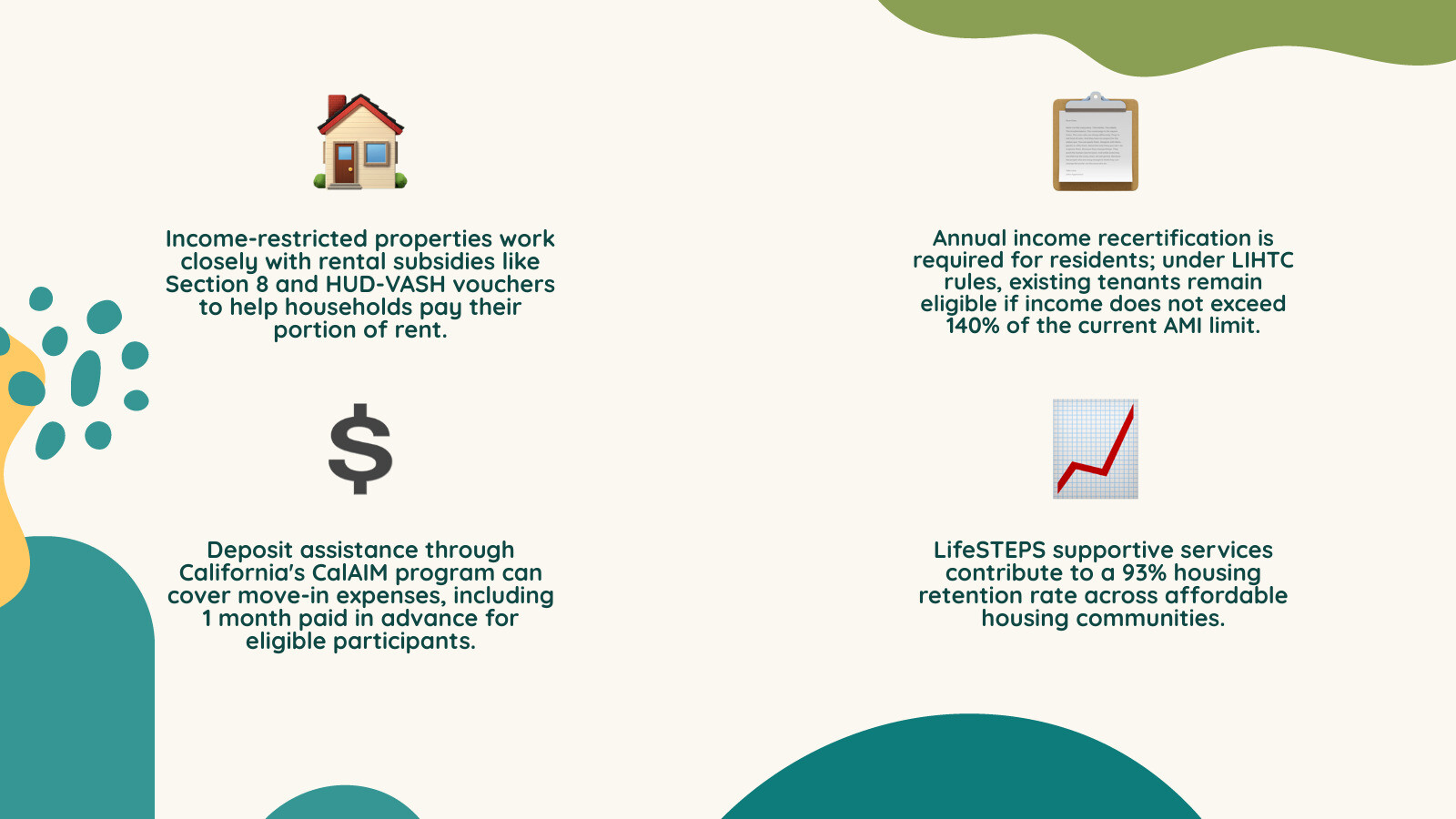 Affordable housing support: CalAIM deposit assistance, voucher integration, 93% retention infographic Affordable housing support: CalAIM deposit assistance, voucher integration, 93% retention infographic