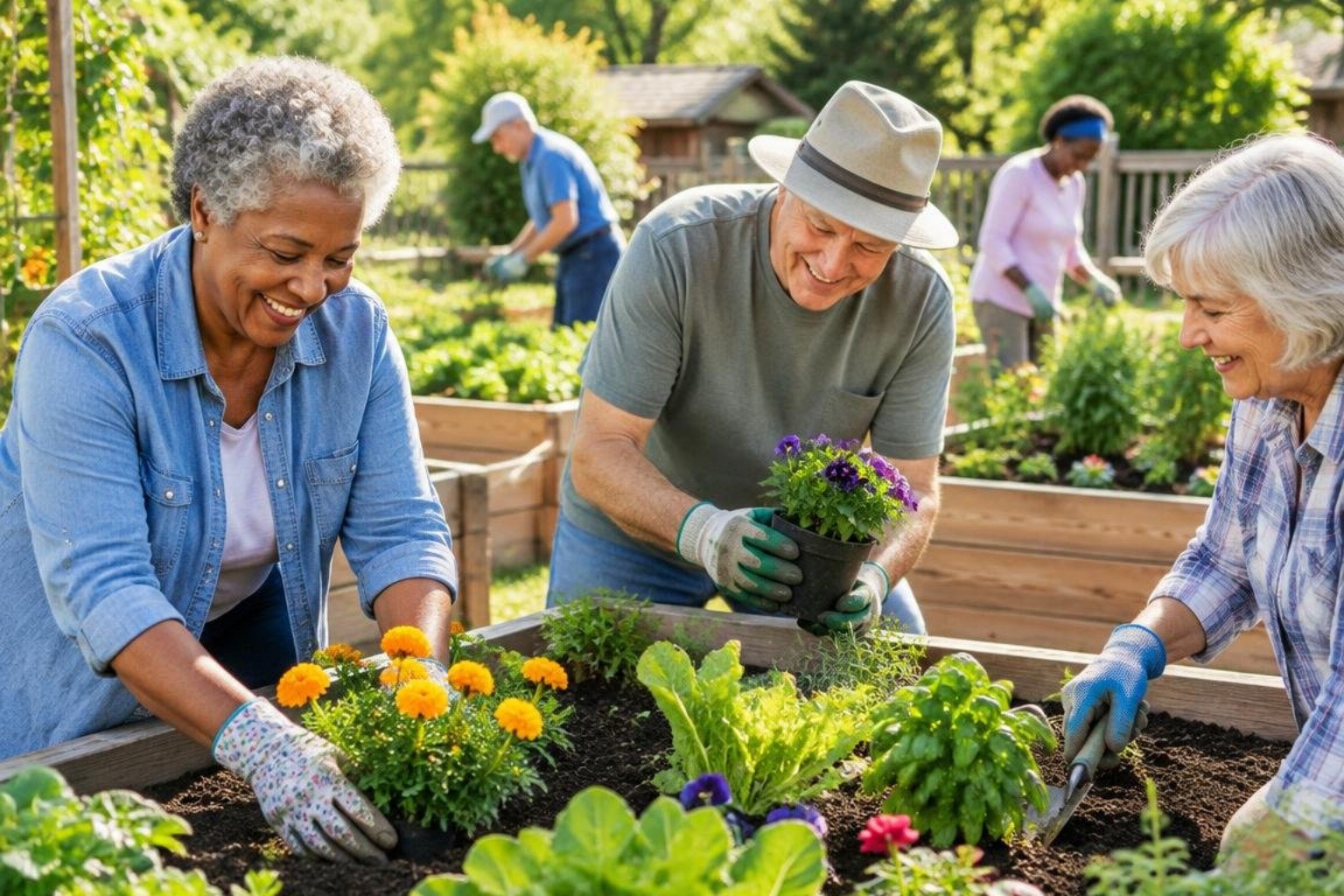 Adults working together in a sunny community garden Adults working together in a sunny community garden