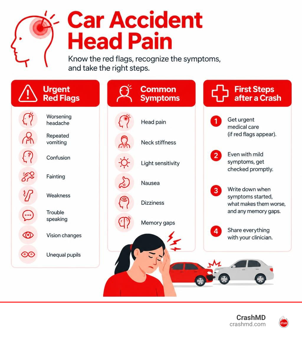 Infographic showing urgent red flags, common symptoms, and first steps after crash head pain infographic