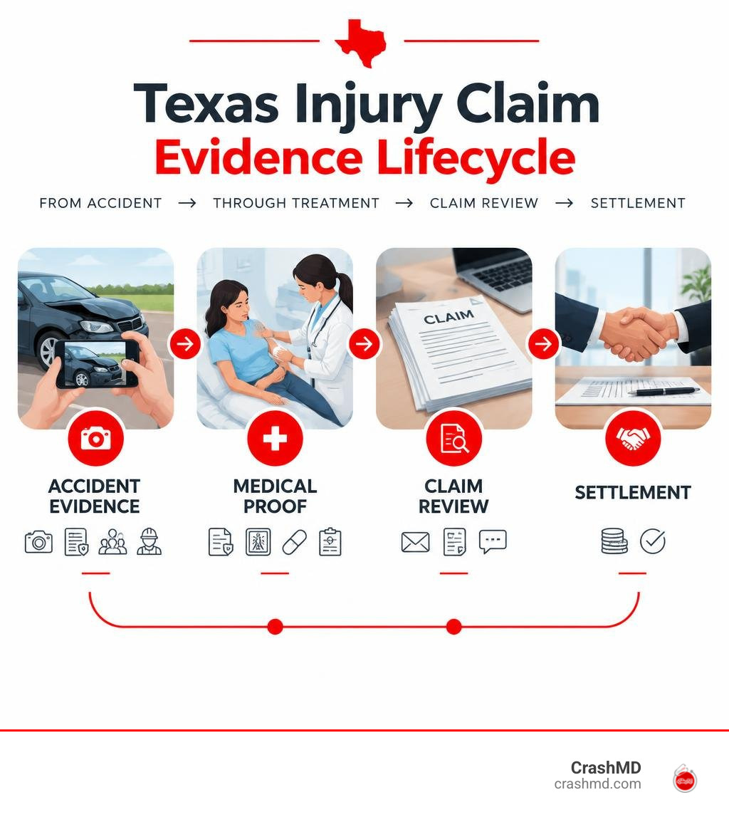 Texas injury claim evidence lifecycle from accident through treatment, claim review, and settlement infographic