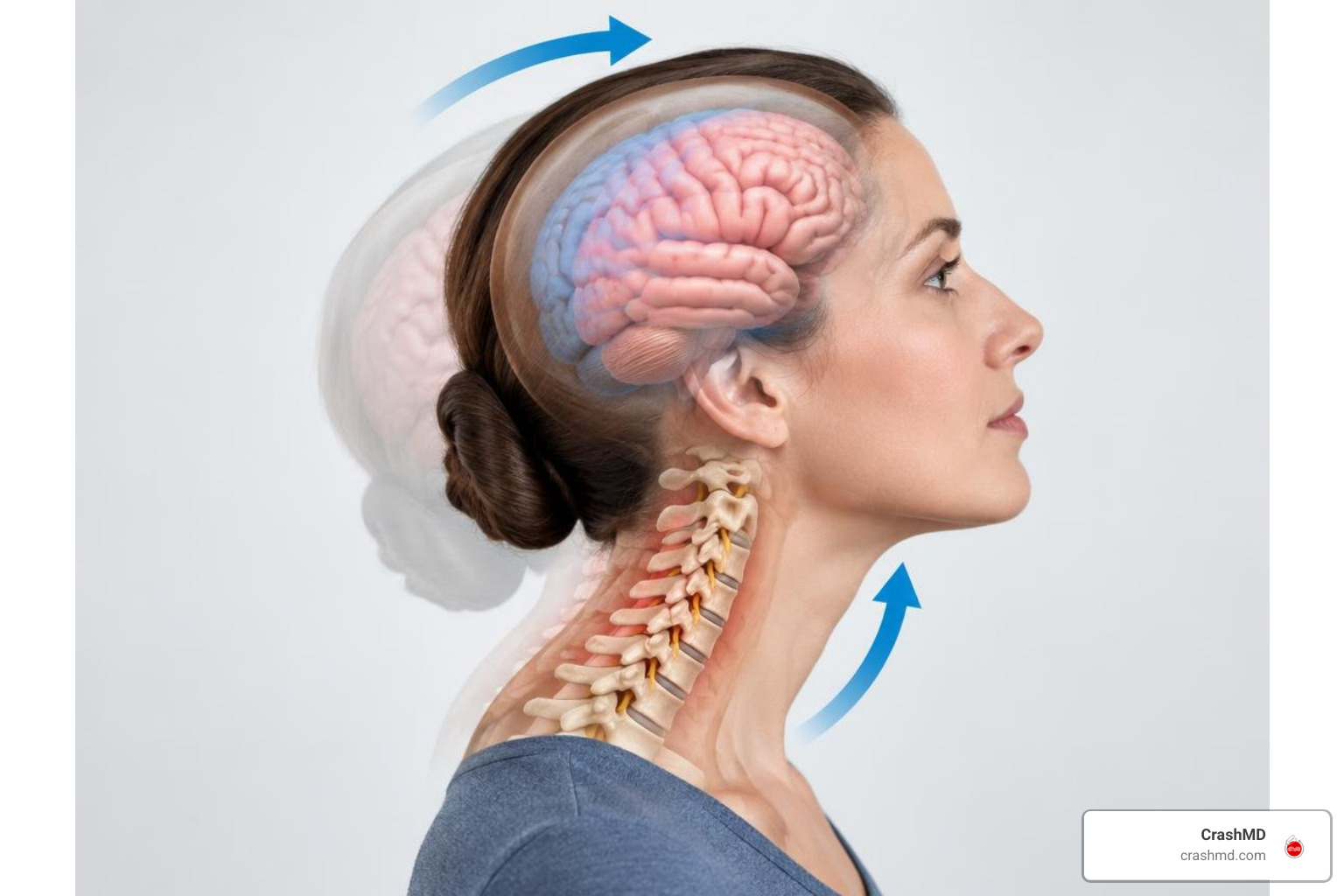 Illustration showing cervical spine whiplash mechanics versus coup-contrecoup brain movement