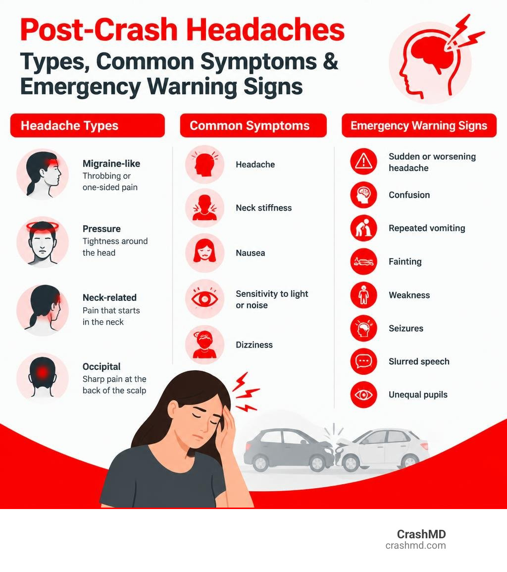 Post-crash headache types, common symptoms, and emergency warning signs infographic Post-crash headache types, common symptoms, and emergency warning signs infographic