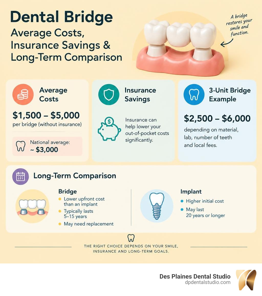 Dental bridge average costs insurance savings and long-term comparison infographic Dental bridge average costs insurance savings and long-term comparison infographic