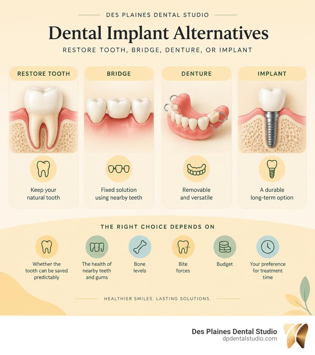 Dental implant alternatives comparison: restore tooth, bridge, denture, or implant infographic