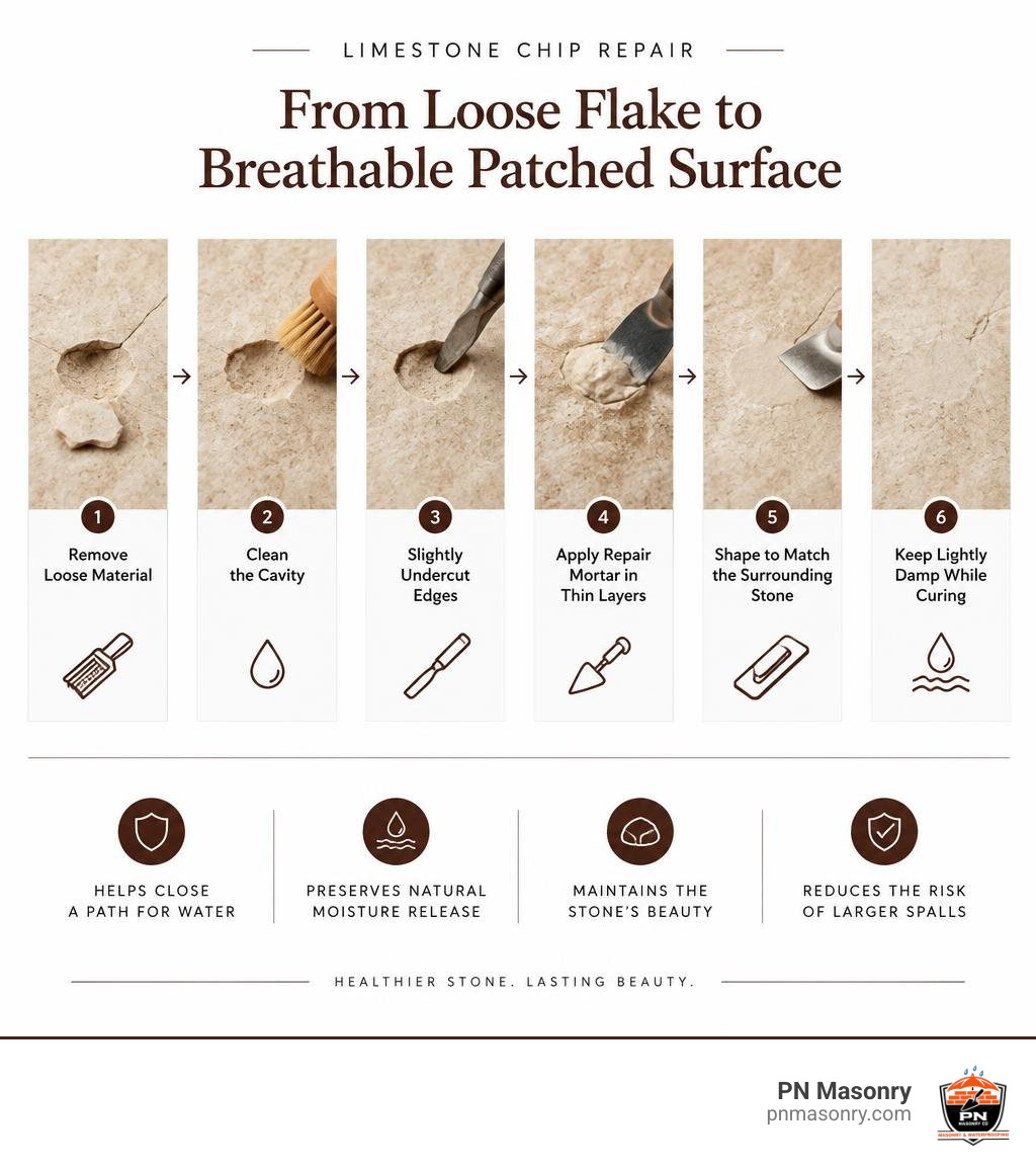 Limestone chip repair steps from loose flake to breathable patched surface infographic Limestone chip repair steps from loose flake to breathable patched surface infographic