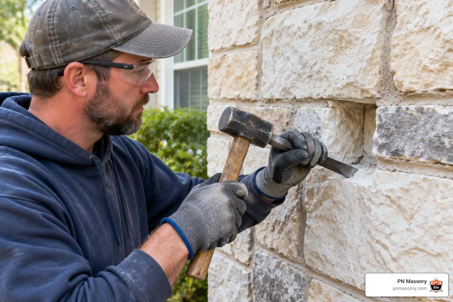 Mason carefully undercutting the edges of a stone cavity to create a mechanical key Mason carefully undercutting the edges of a stone cavity to create a mechanical key