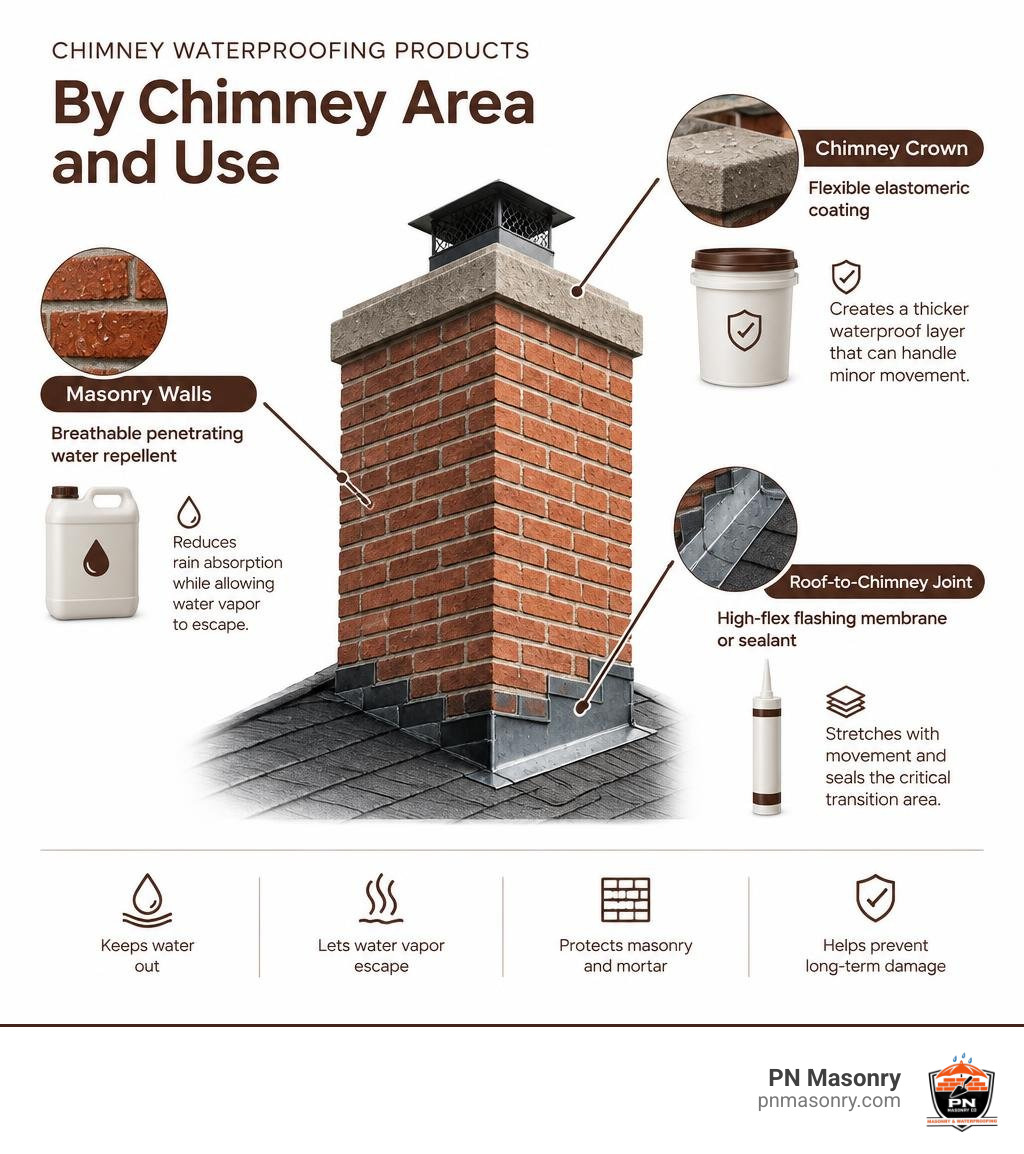 chimney waterproofing products by chimney area and use infographic