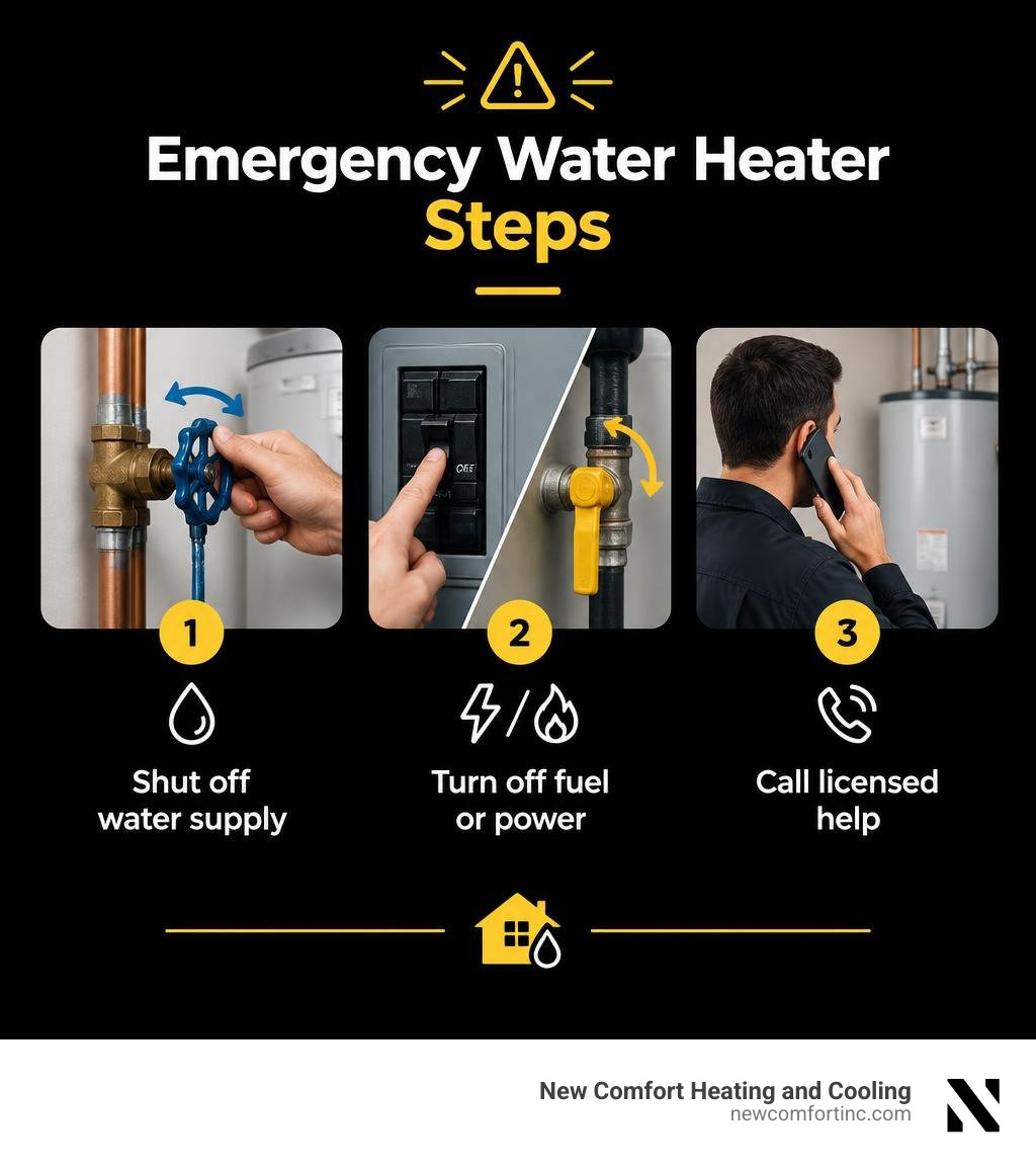 Emergency water heater steps: shut off water, turn off fuel or power, call licensed help infographic Emergency water heater steps: shut off water, turn off fuel or power, call licensed help infographic