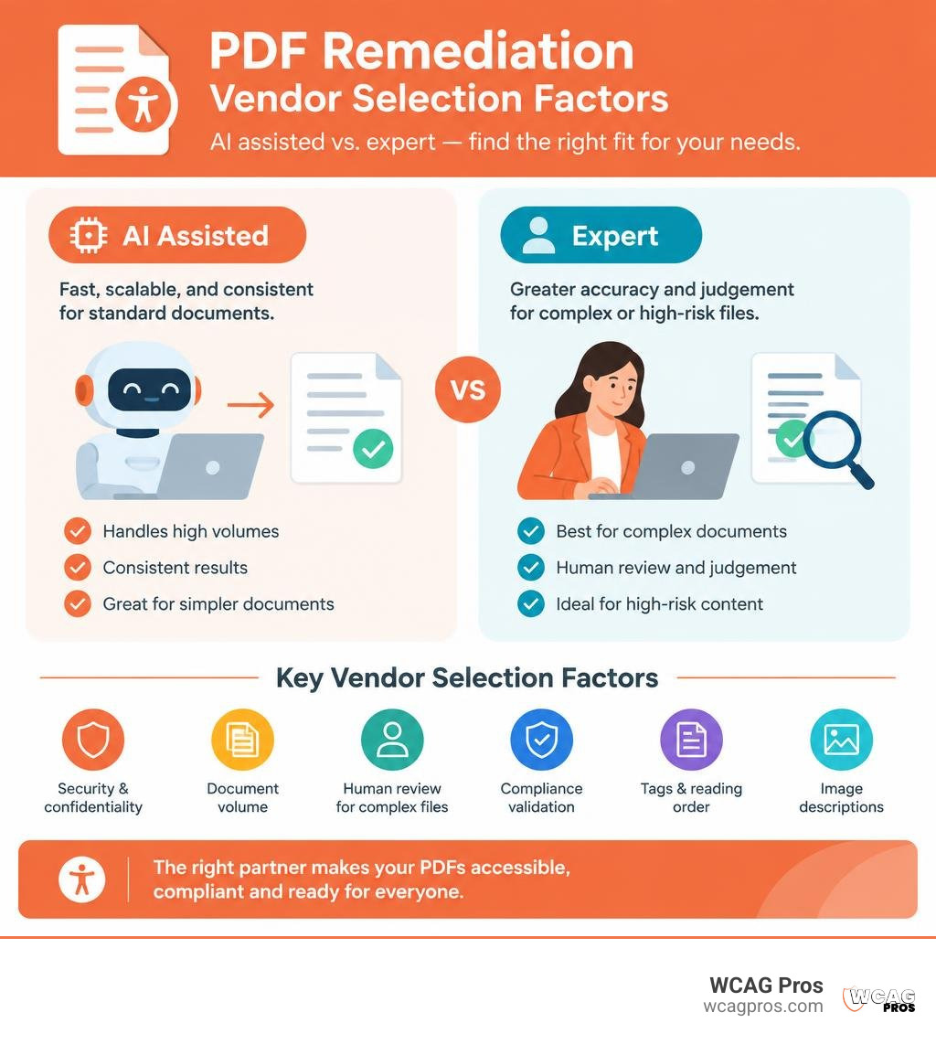 Infographic comparing AI assisted and expert PDF remediation vendor selection factors infographic Infographic comparing AI assisted and expert PDF remediation vendor selection factors infographic