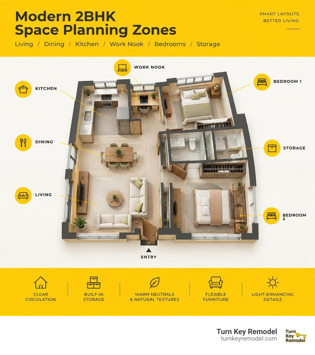 Modern 2BHK space planning zones: living, dining, kitchen, work nook, bedrooms, storage infographic Modern 2BHK space planning zones: living, dining, kitchen, work nook, bedrooms, storage infographic