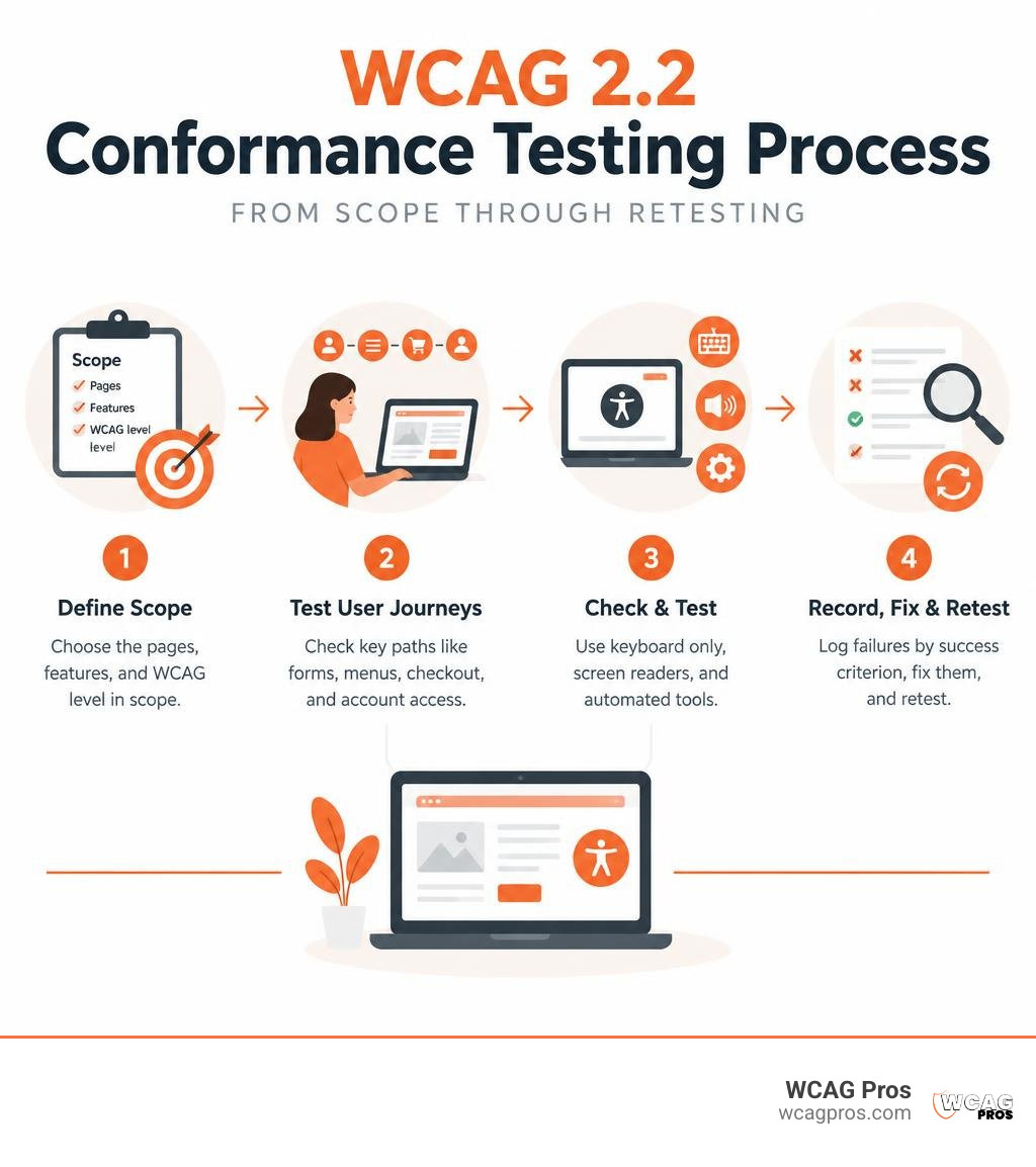 WCAG 2.2 conformance testing process from scope through retesting infographic WCAG 2.2 conformance testing process from scope through retesting infographic