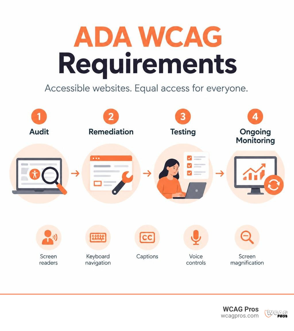 ADA WCAG requirements infographic showing audit, remediation, testing, and ongoing monitoring infographic ADA WCAG requirements infographic showing audit, remediation, testing, and ongoing monitoring infographic