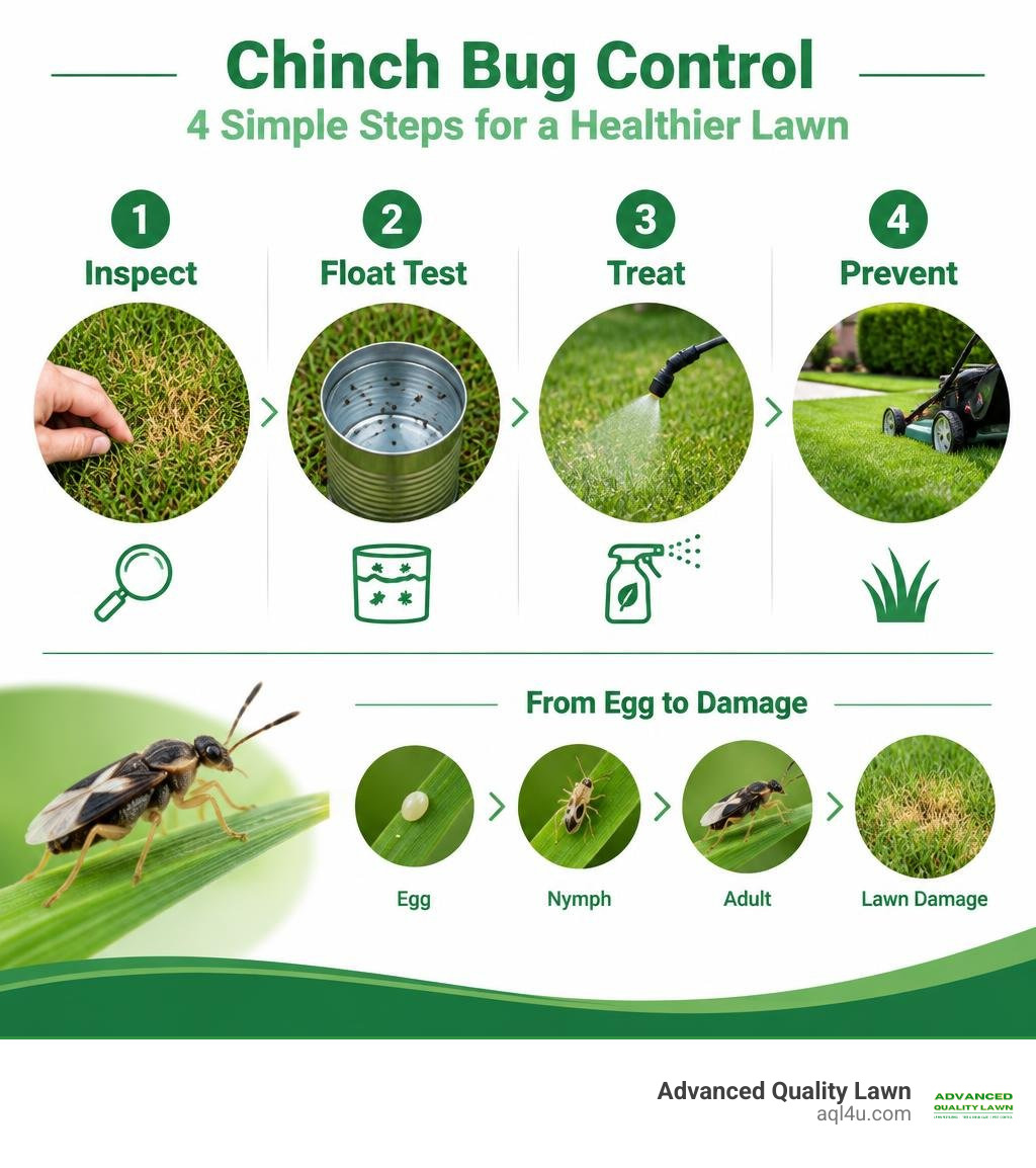 Chinch bug control steps: inspect, float test, treat, and prevent infographic