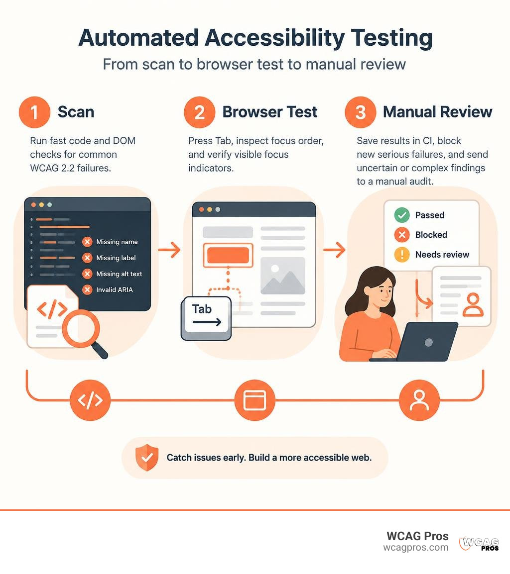 Infographic showing automated accessibility testing workflow from scan to browser test to manual review infographic Infographic showing automated accessibility testing workflow from scan to browser test to manual review infographic