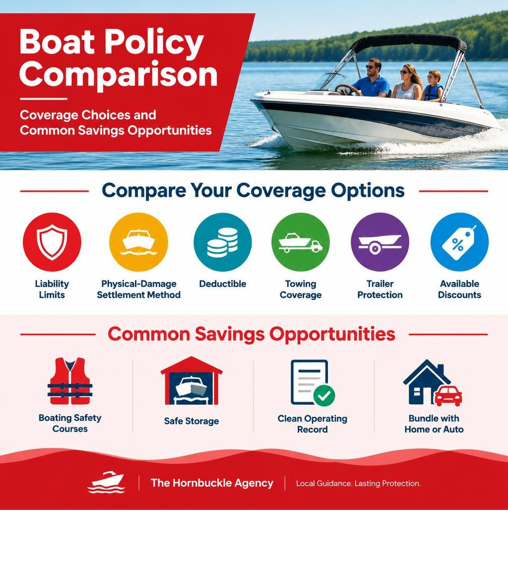 Boat policy comparison: coverage choices and common savings opportunities infographic Boat policy comparison: coverage choices and common savings opportunities infographic