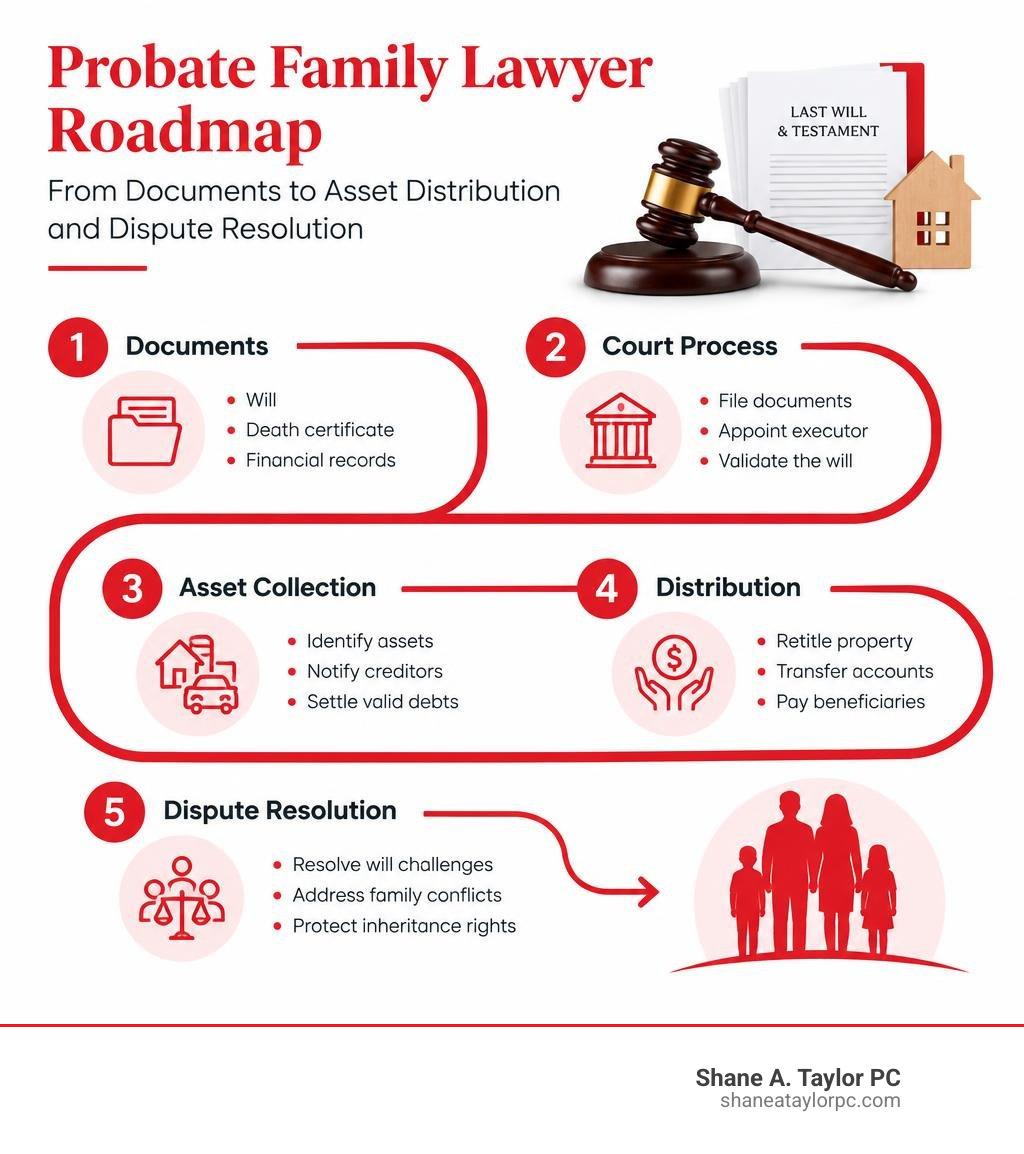Probate family lawyer roadmap from documents to asset distribution and dispute resolution infographic Probate family lawyer roadmap from documents to asset distribution and dispute resolution infographic