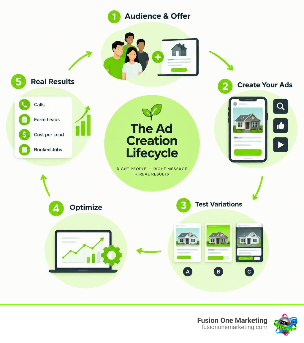 Ad creation lifecycle from audience and offer through testing and optimization infographic