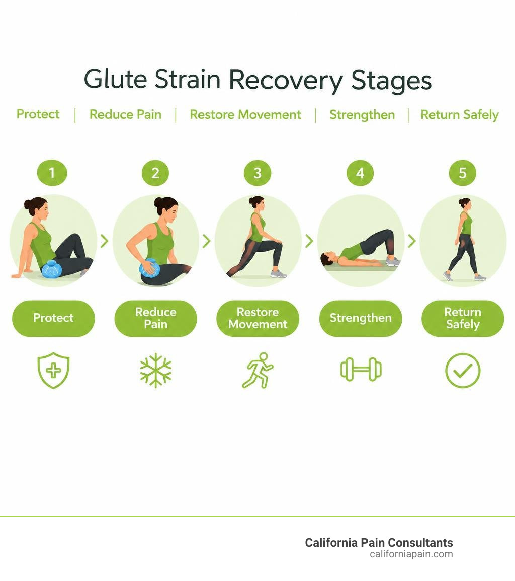 Glute strain recovery stages: protect, reduce pain, restore movement, strengthen, return safely infographic Glute strain recovery stages: protect, reduce pain, restore movement, strengthen, return safely infographic