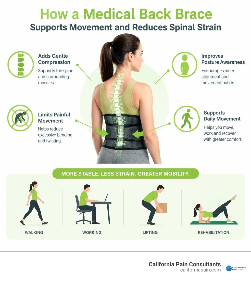 How a medical back brace supports movement and reduces spinal strain infographic How a medical back brace supports movement and reduces spinal strain infographic