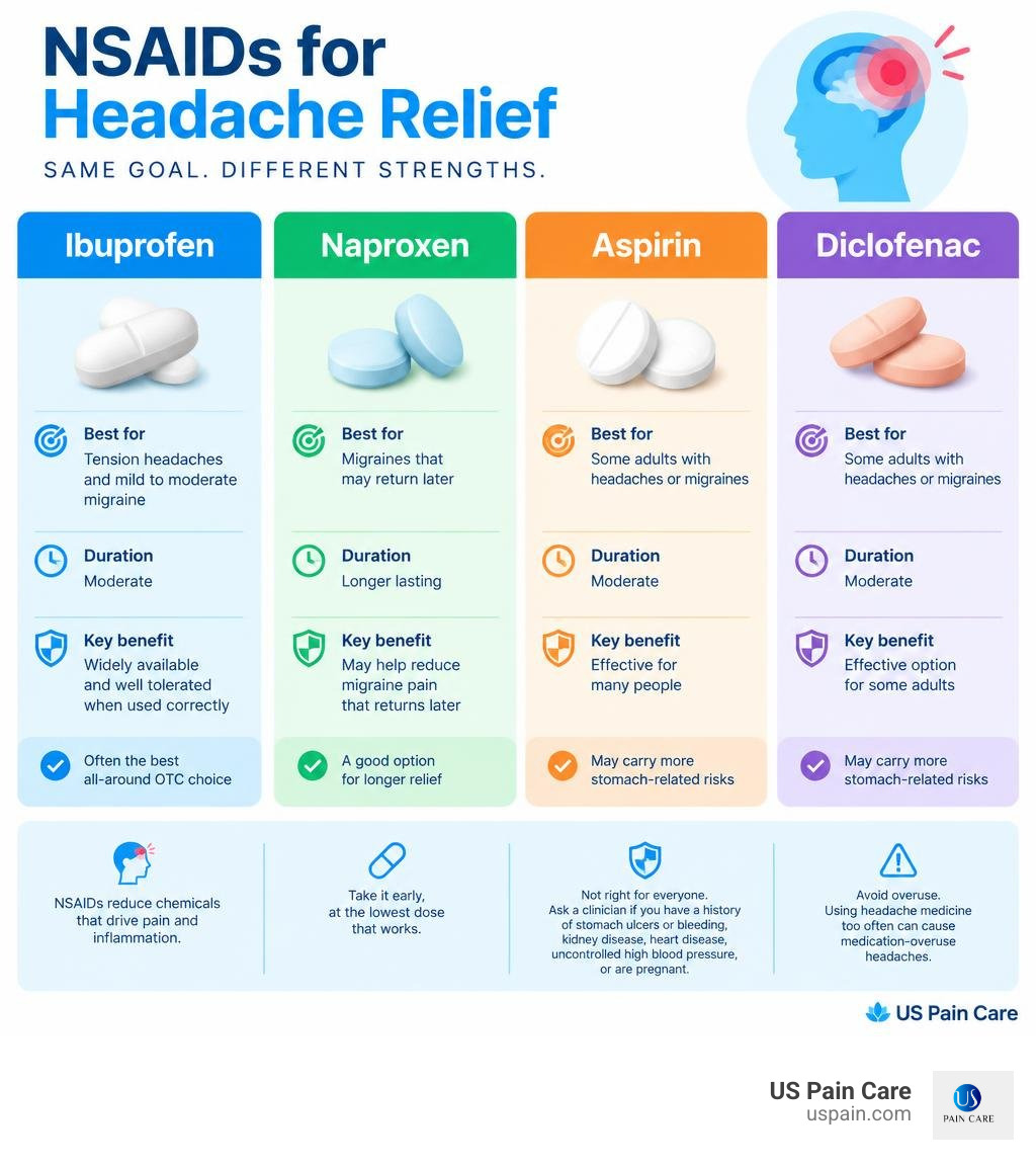 Infographic comparing ibuprofen naproxen aspirin and diclofenac for headache relief infographic Infographic comparing ibuprofen naproxen aspirin and diclofenac for headache relief infographic