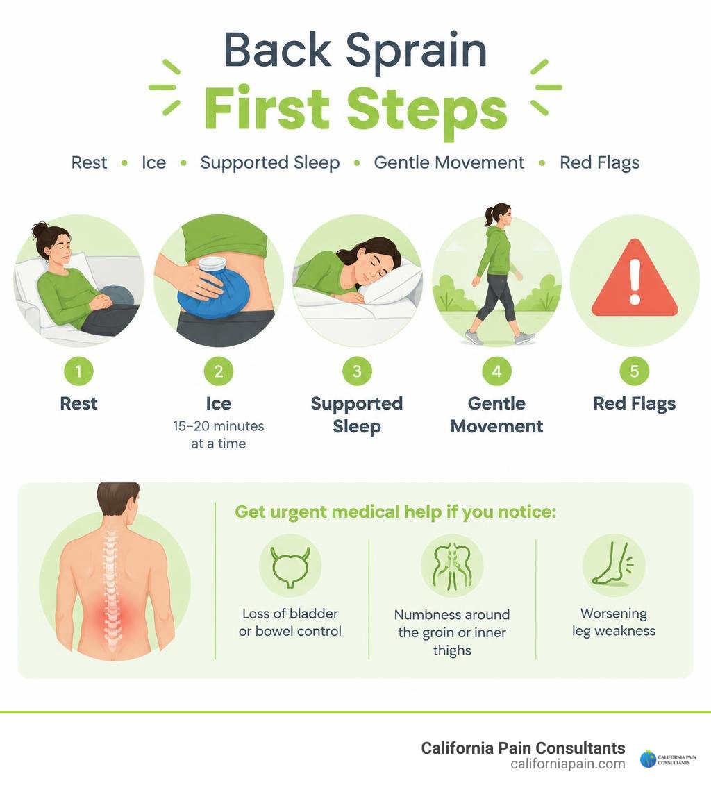 Back sprain first steps: rest, ice, supported sleep, gentle movement, and red flags infographic