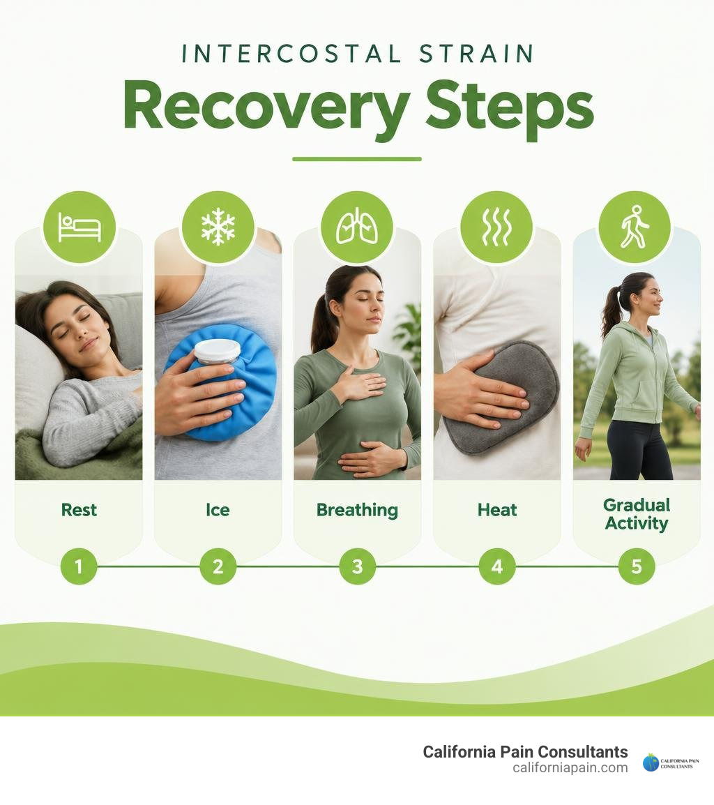 Intercostal strain recovery steps: rest, ice, breathing, heat, gradual activity infographic