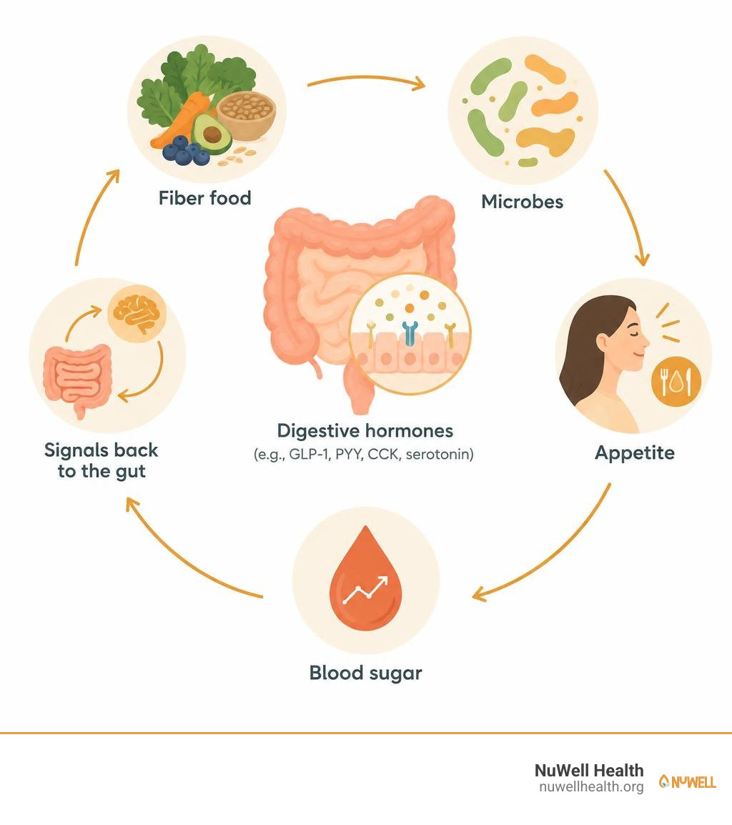 Fiber food, microbes, digestive hormones, appetite, and blood sugar infographic infographic