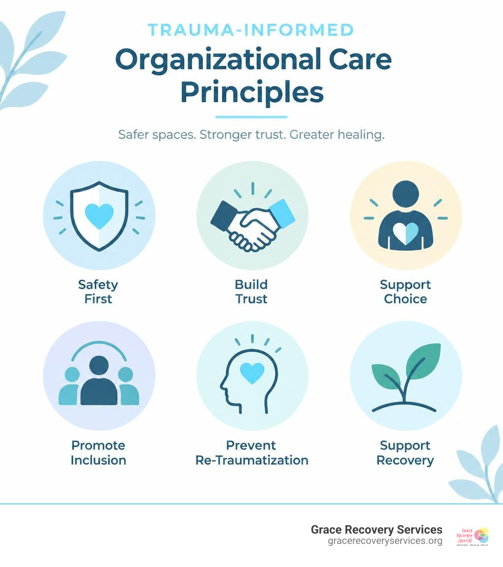 Infographic showing six trauma-informed organizational care principles infographic