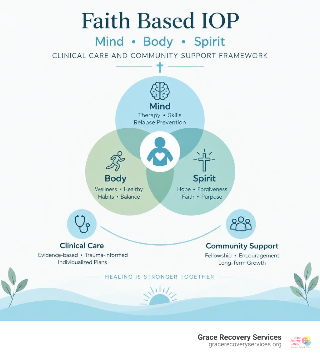 Faith based IOP mind body spirit clinical care and community support framework infographic