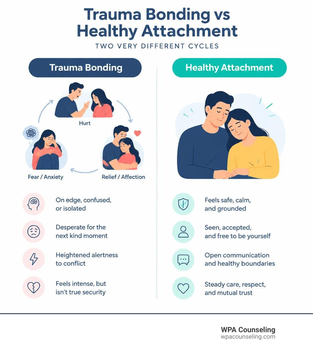 Infographic comparing trauma-bond cycles with steady healthy attachment infographic Infographic comparing trauma-bond cycles with steady healthy attachment infographic