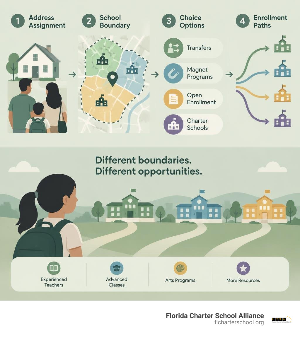 Infographic showing address assignment, school boundary, choice options, and enrollment paths infographic Infographic showing address assignment, school boundary, choice options, and enrollment paths infographic