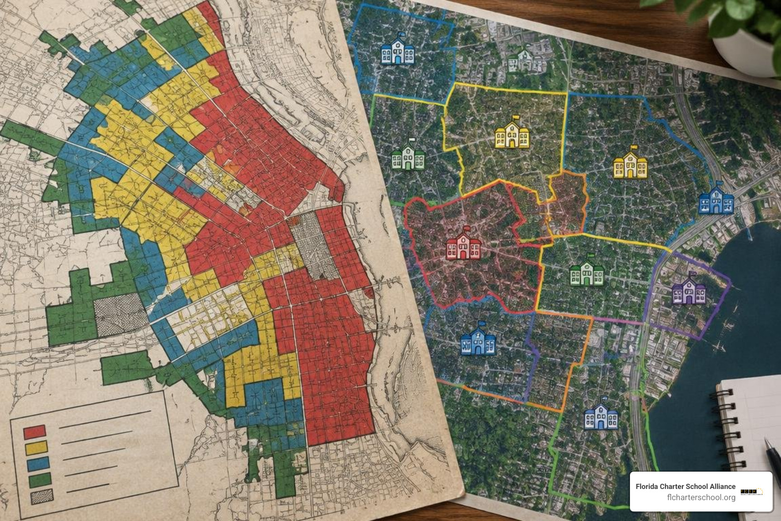 Historical redlining map overlaying modern school attendance zones Historical redlining map overlaying modern school attendance zones