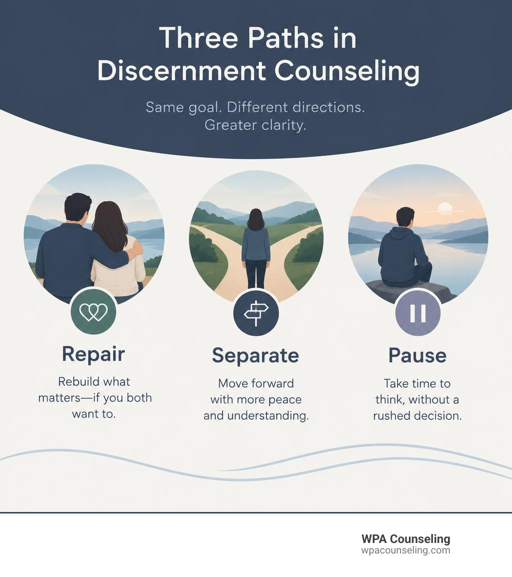 Infographic showing three discernment counseling paths: repair, separate, or pause infographic Infographic showing three discernment counseling paths: repair, separate, or pause infographic