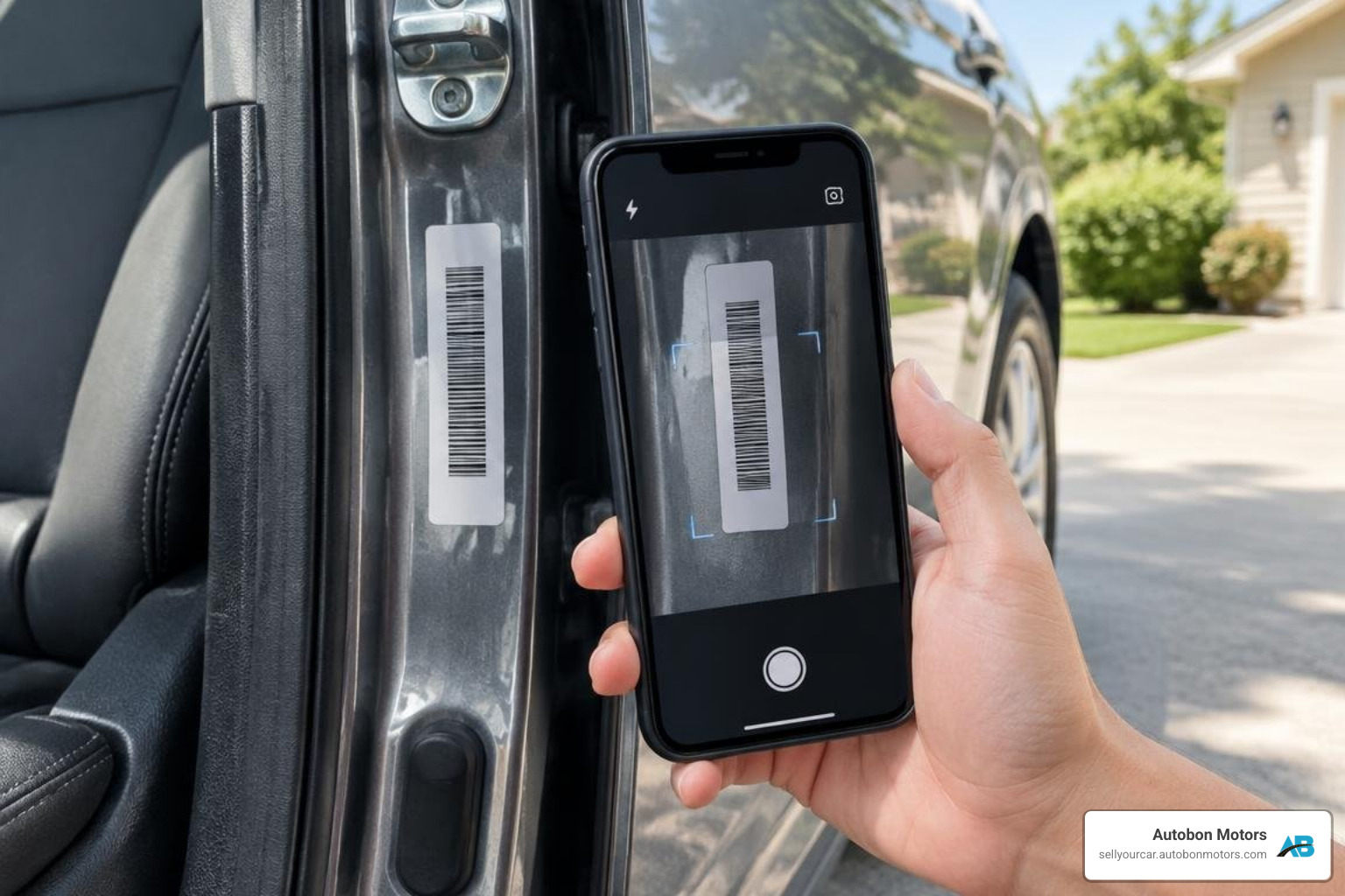 Smartphone camera scanning vehicle VIN barcode on door jamb Smartphone camera scanning vehicle VIN barcode on door jamb